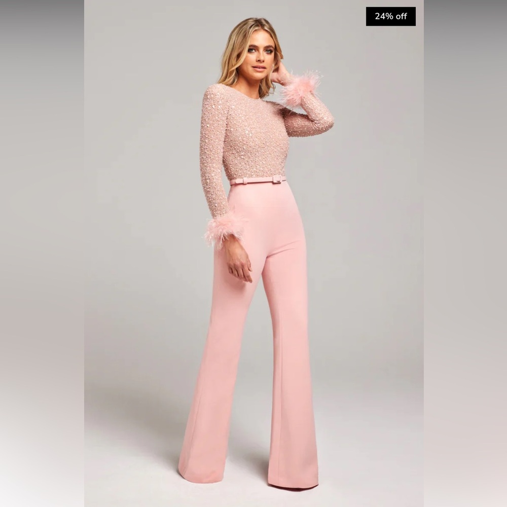 Nadine Merabi Pink Amelia Pearl Sequinned Feather Trim Cuff Jumpsuit